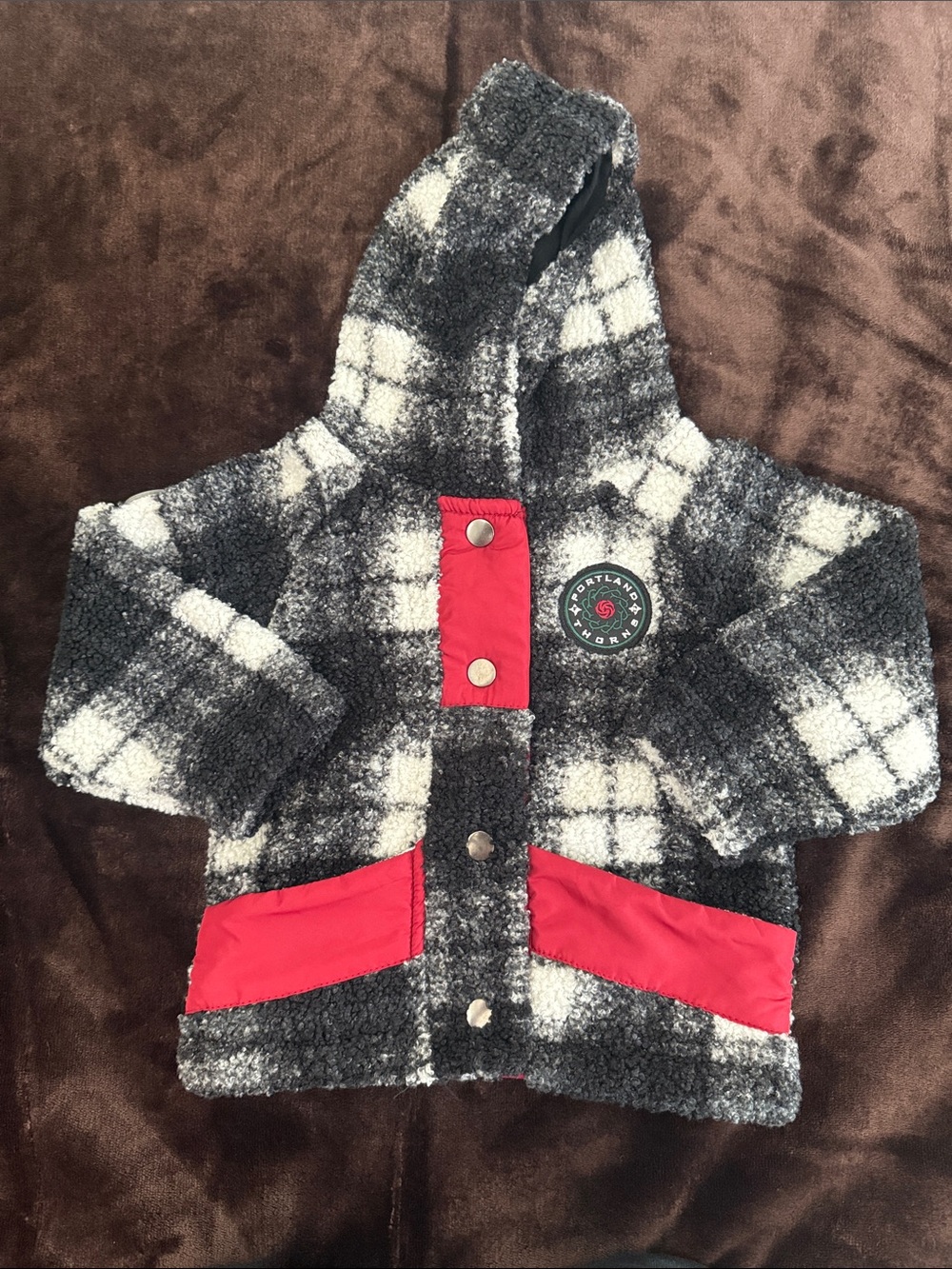 Cozy Black & White Plaid Hooded Jacket with Red Accents Portland Thorns